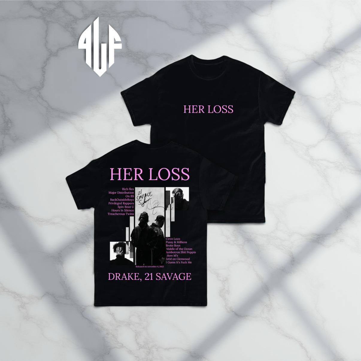T-shirt de l'album "HER LOSS" de Drake et 21 Savage.